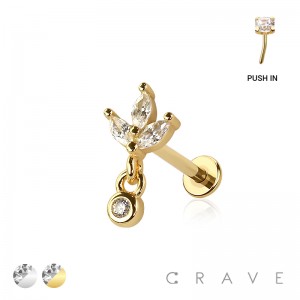 MULTI CZ MARQUISE WITH ROUND DANGLE CZ THREADLESS (PUSH IN) 316L SURGICAL STEEL LABRET SET